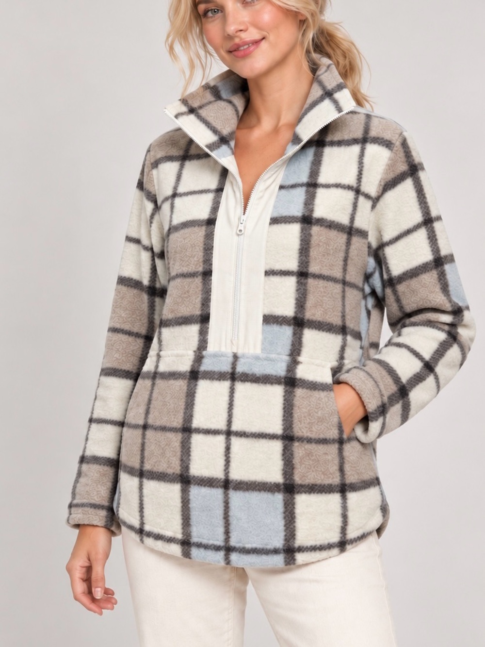 ALPINE DESIGN Pastel Plaid Half-Zip Fleece Pullover Cream, Taupe & Blue Size S
